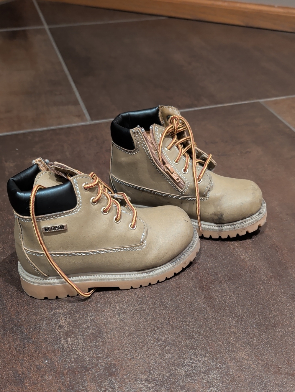 Tan Lace-Up Kids Ankle Boots with Black Collar